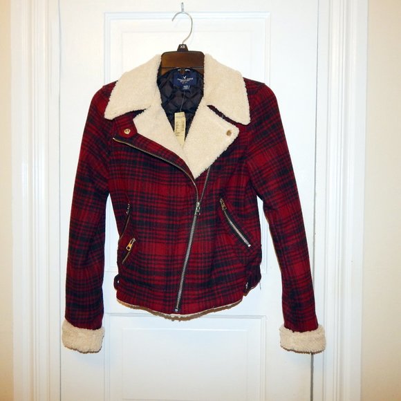 NWT American Eagle Plaid Moto Sherpa Zipper Jacket XS - Picture 2 of 4